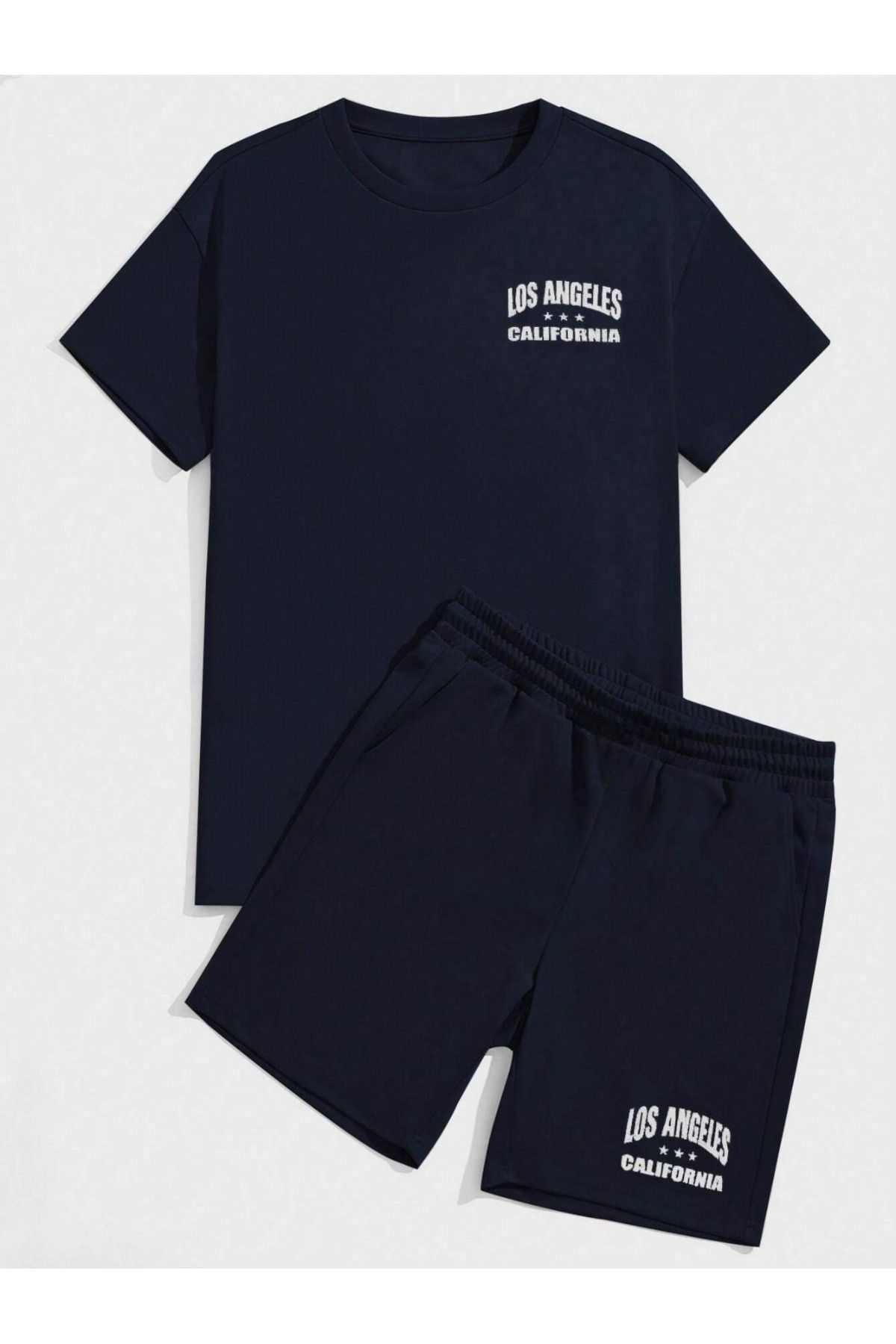 Unisex Lacivert Losangeles Baskılı Oversize Şortlu Takım
