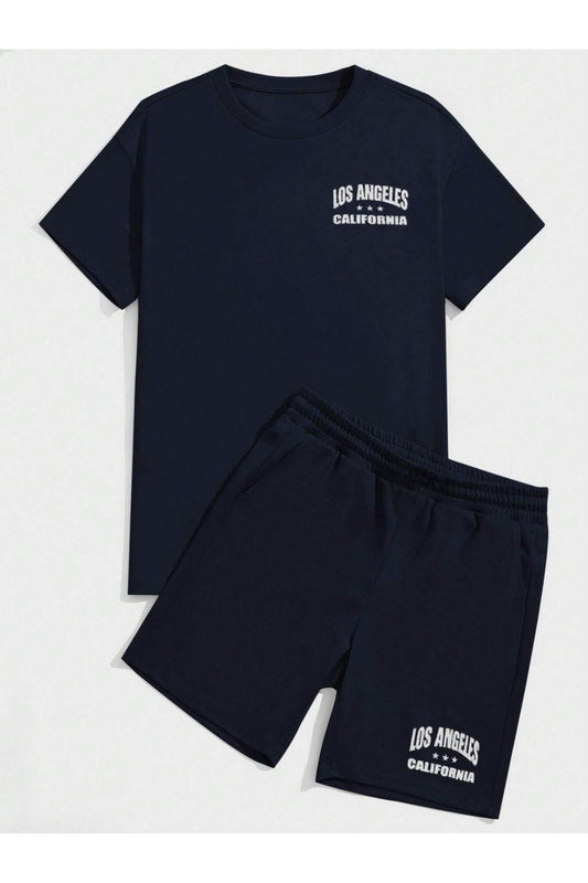Unisex Lacivert Losangeles Baskılı Oversize Şortlu Takım