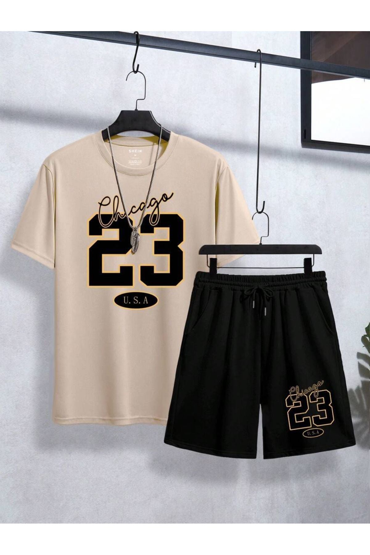 bej 23  baskılı alt ust şortlu oversize takım