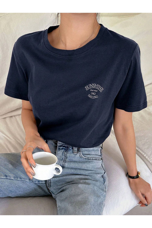 lacivert sunshine baskılı Oversize T-shirt