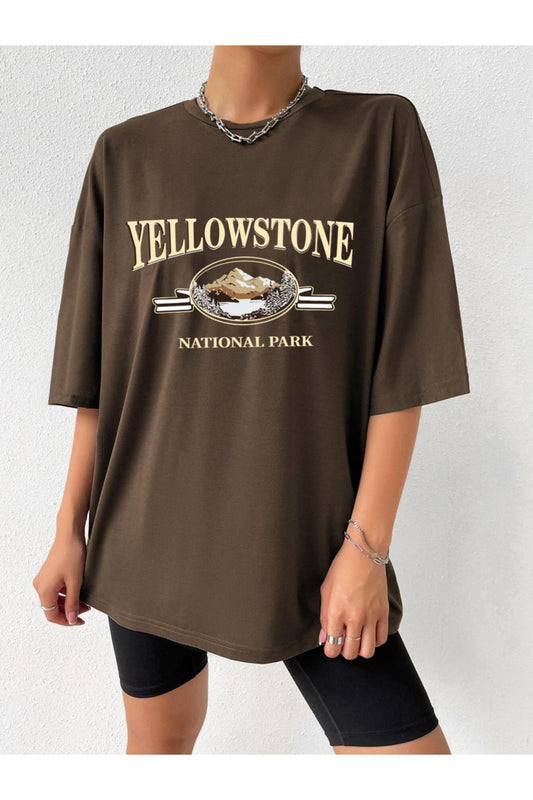 kahverengi yellowstone baskılı unisex oversize tişort