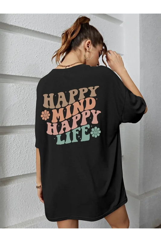 Happy Sırt Baskılı Siyah Tişort