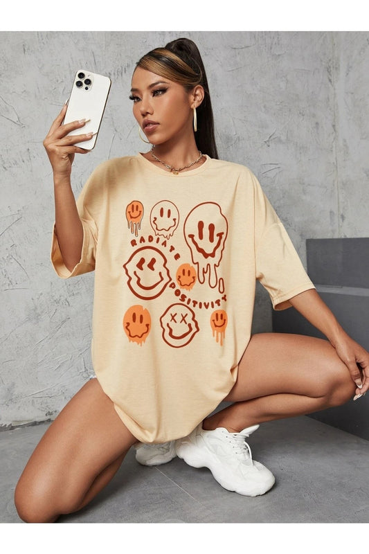 Smile Baskılı Bej Tişort