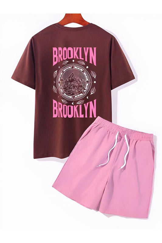 kahve brooklyn baskılı pembe şortlu alt ust takım