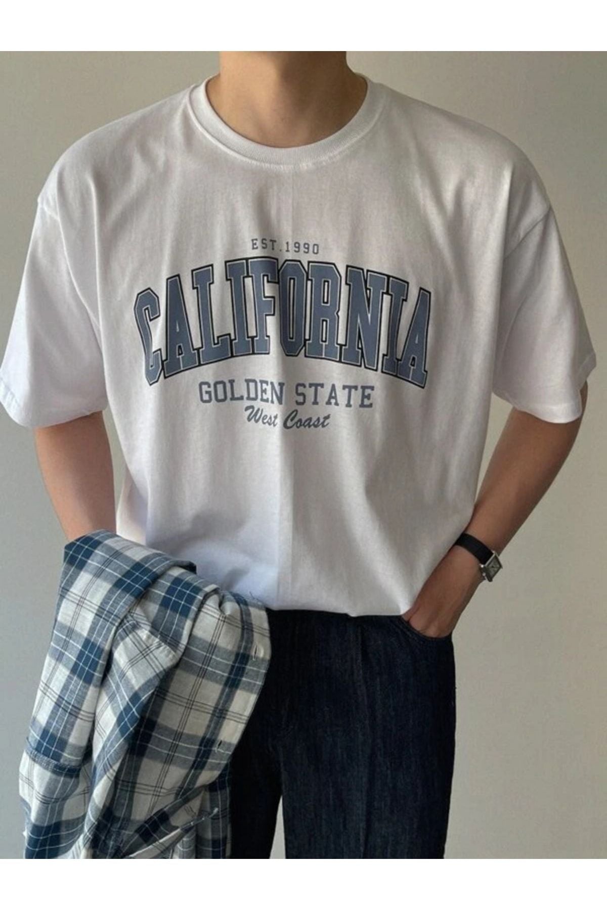 Blaues, weißes Oversize-T-Shirt mit California-Print