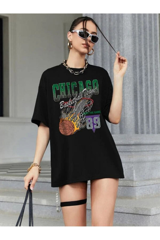 Chicago Baskılı Siyah T-shirt