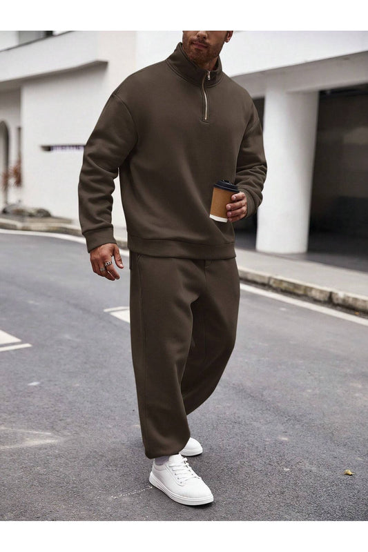 unisex duz dik yakalı kahve rengi sweatshirt-eşofman altı