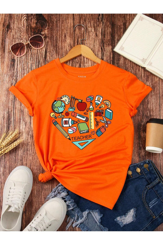 renkli kalp baskılı  turuncu  oversize tshirt