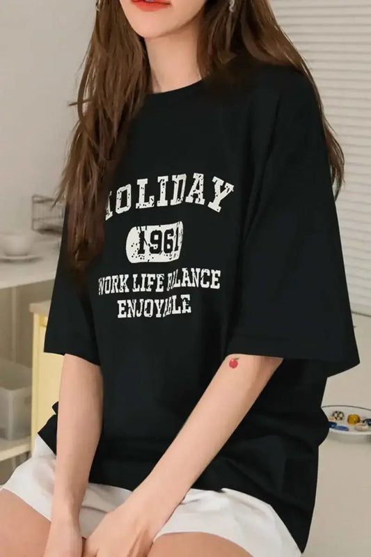 Holiday1961 Baskılı Siyah Oversize T-shirt