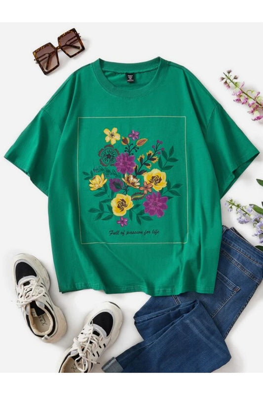 Yeşil Çiçek Baskılı Oversize T-shirt