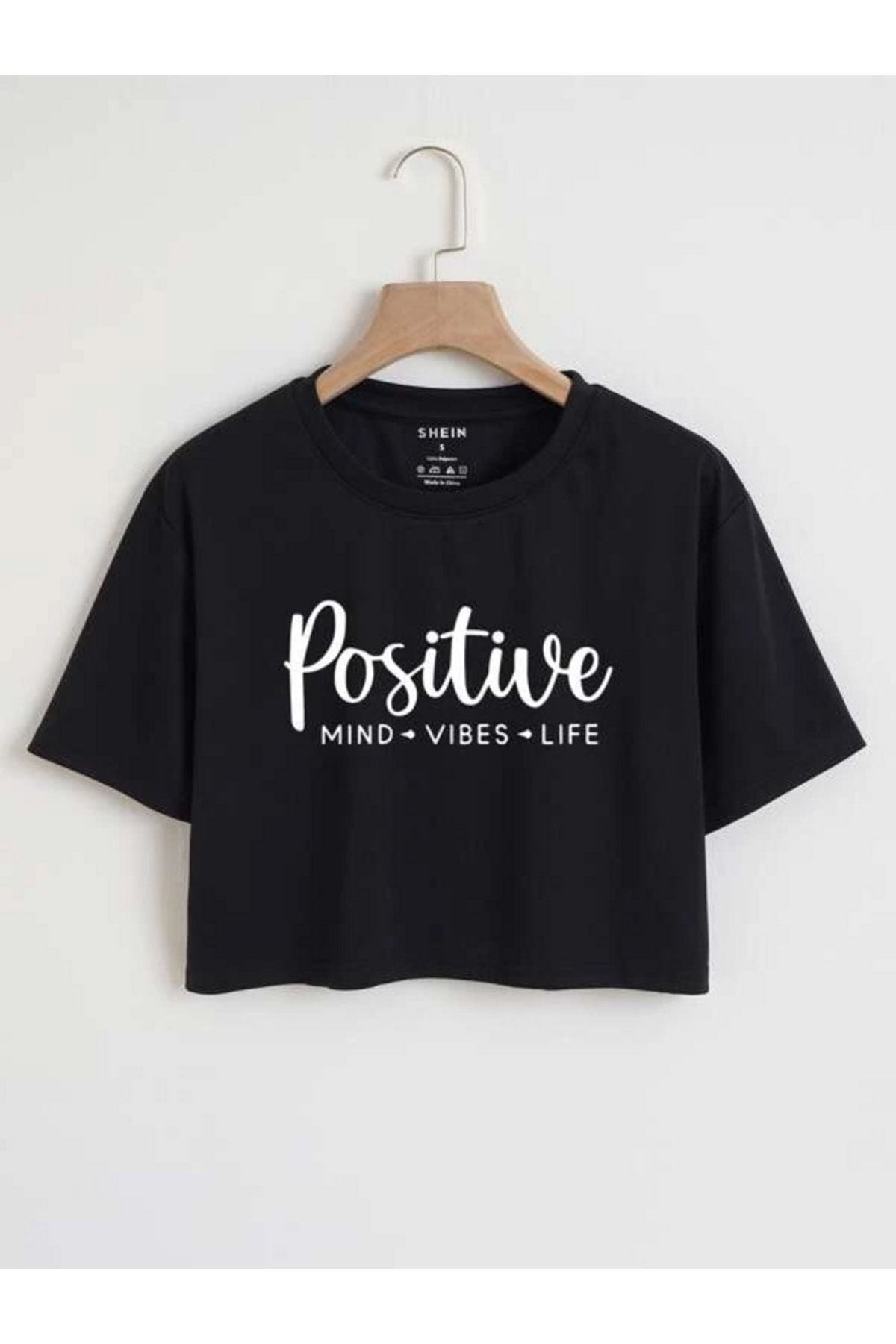 positive baskılı siyah oversize crop tişort