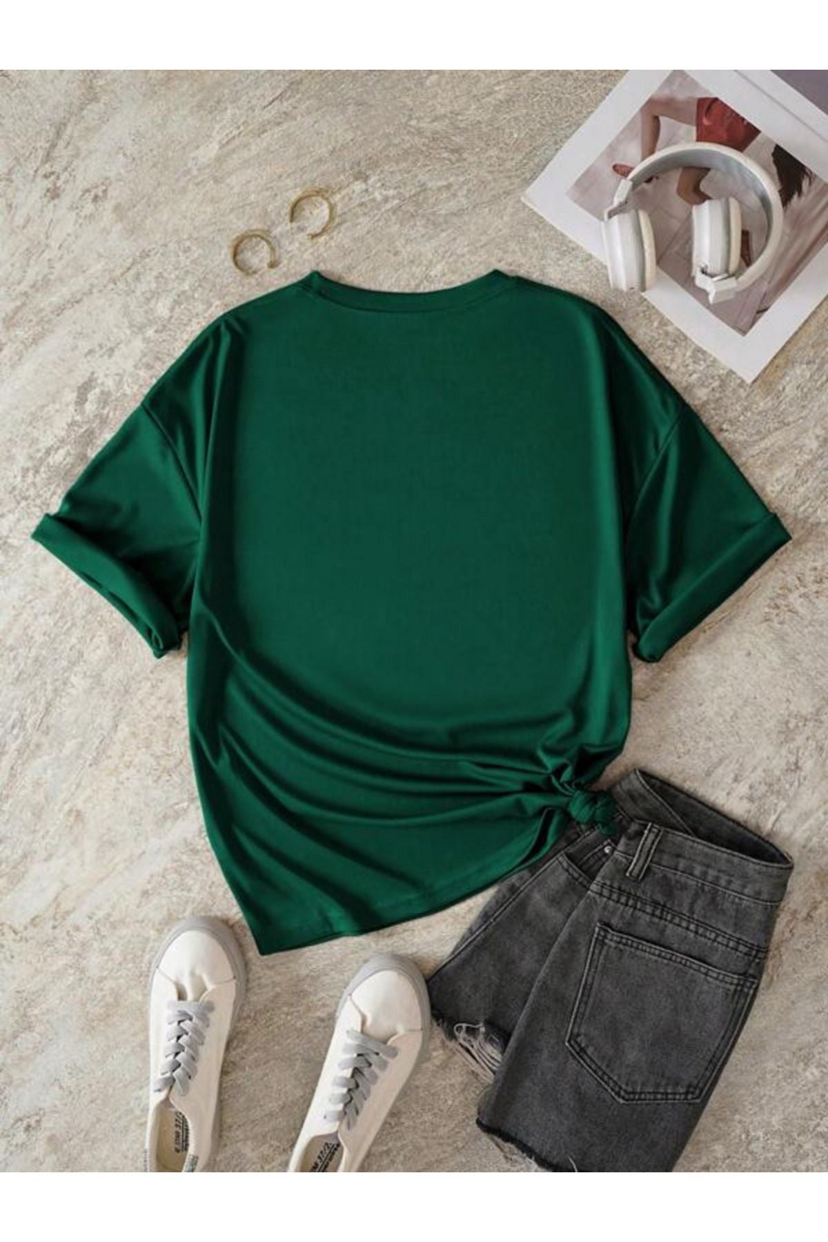 zumrut yeşil broklyn baskılı oversize tişort