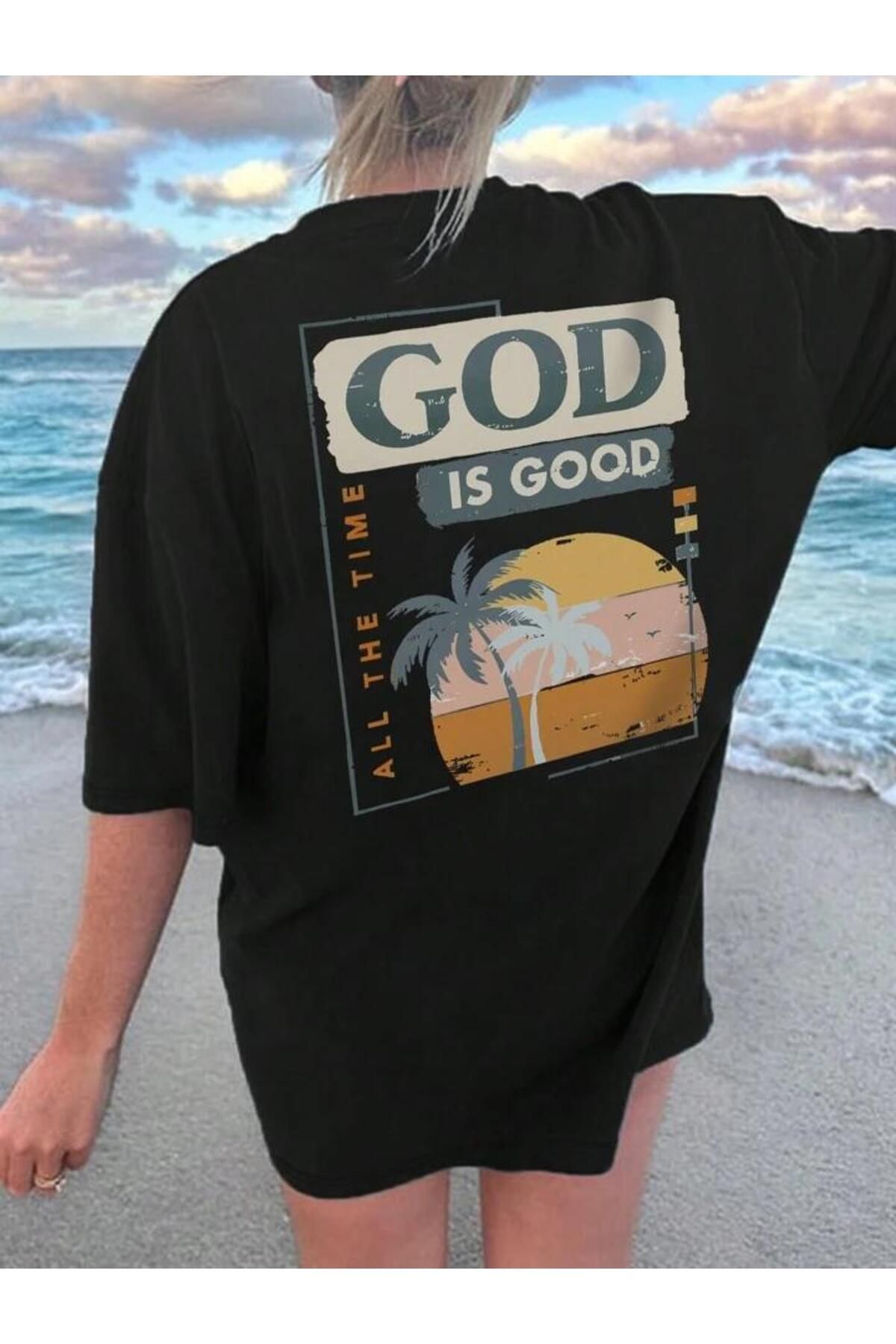 siyah god is good baskılı oversize tshirt