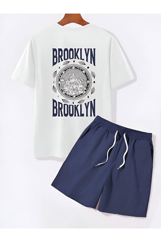 lacivert&beyaz  brooklyn baskılı şortlu alt ust takım