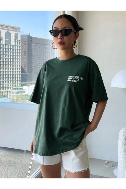 zumrut yeşili effect baskılı oversize tişort