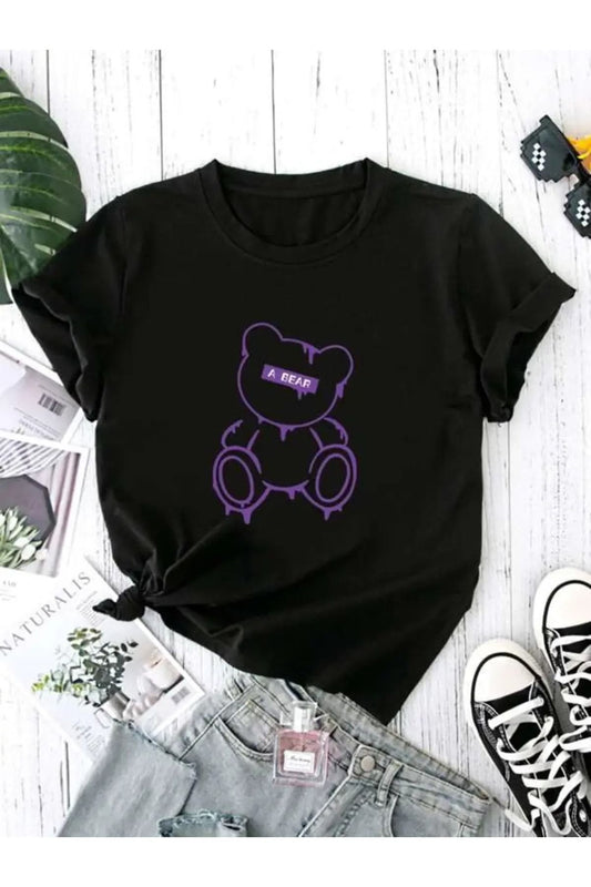 A Bear Baskılı Sıyah Tişort