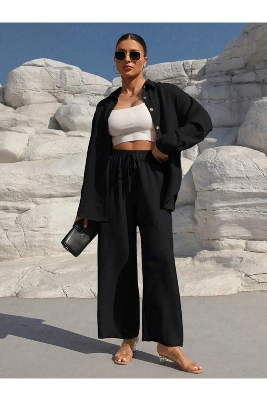 kadın siyah keten gömlek pantalon alt-ust takım