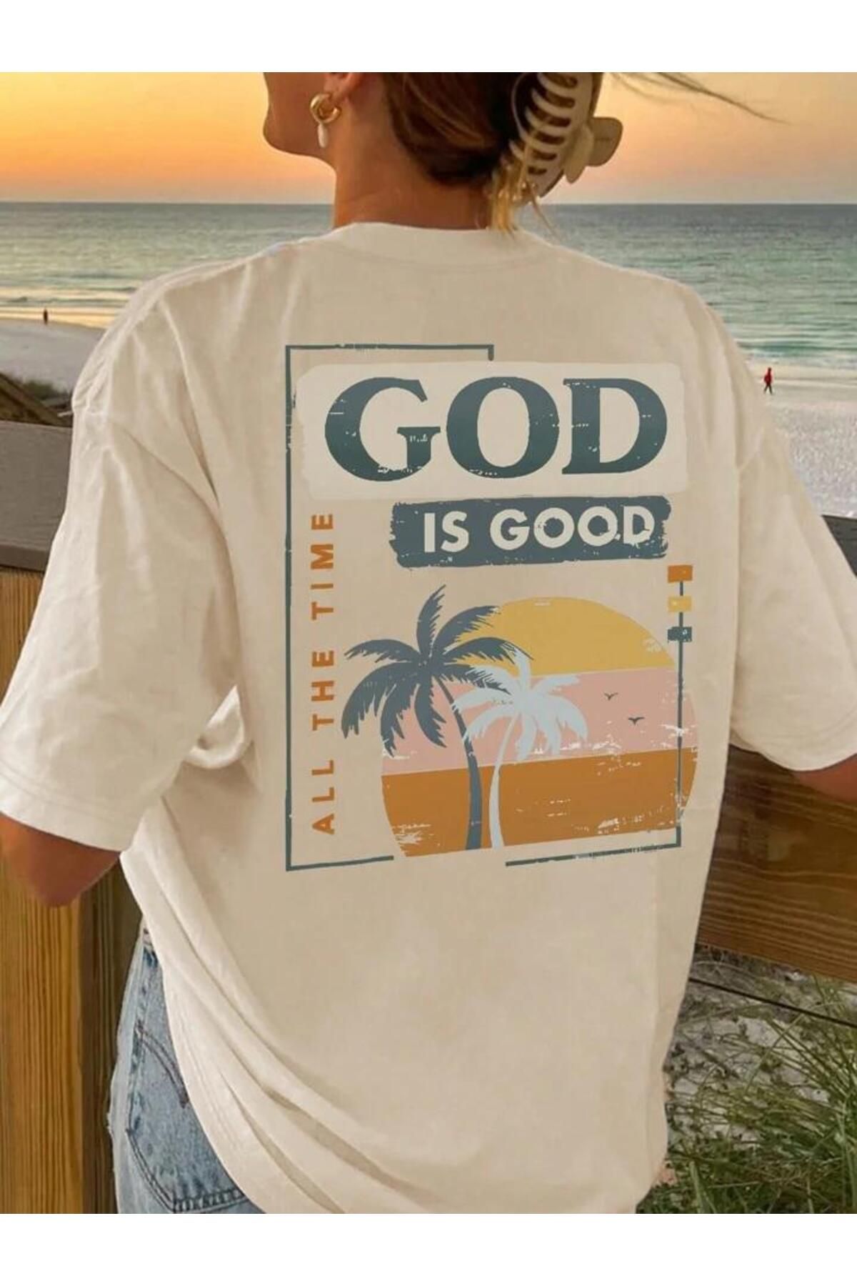 bej god is good baskılı oversize tshirt