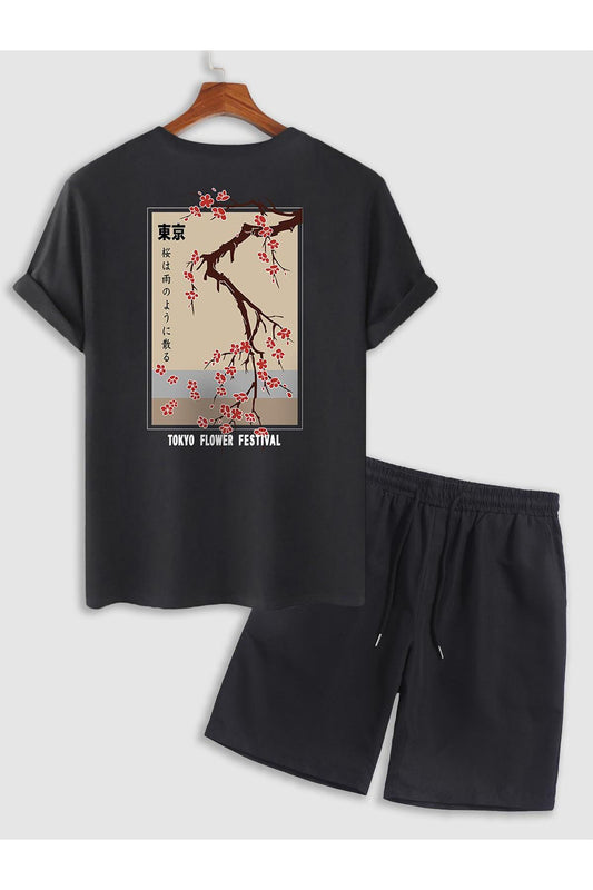 siyah flower festival Baskılı unisex Şortlu Takım