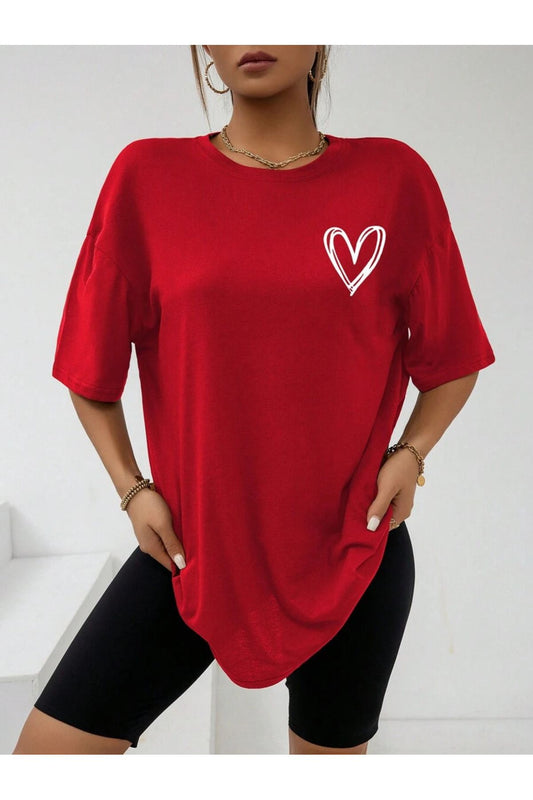 yan kalp baskılı kırmızı unisex Oversize T-shirt