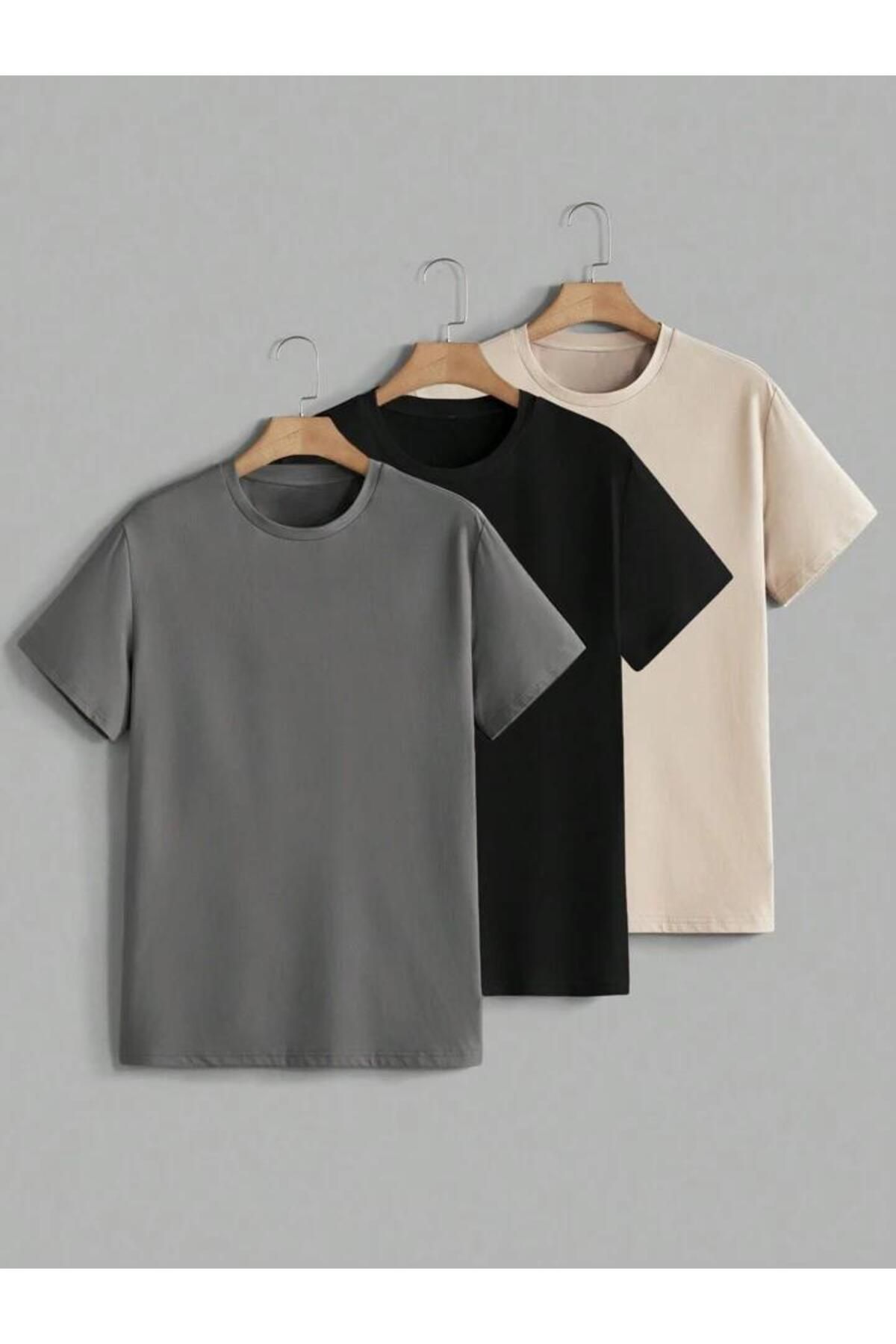 3'lu bej siyah ve fume oversize unisex tişört