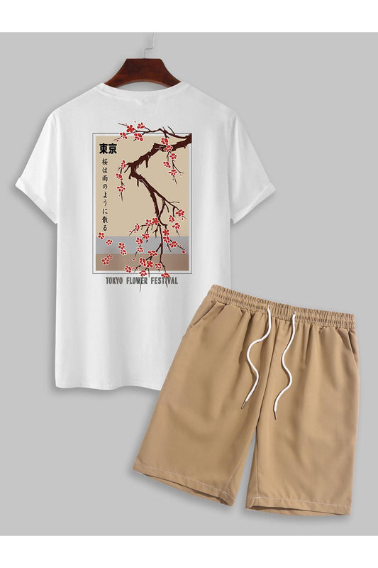 tokyo flower festival Baskılı beyaz-vizon unisex Şortlu Takım