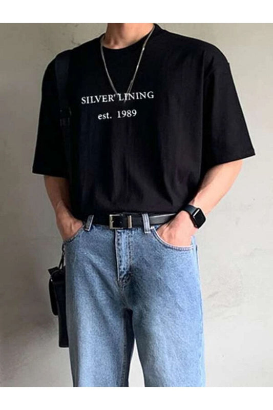 Silver Baskılı Sıyah Oversize T-shirt