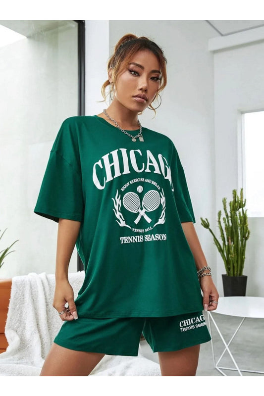 chicago baskılı yeşil takım