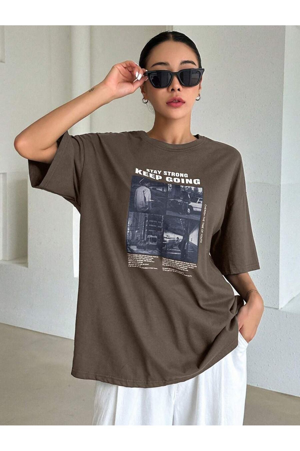 kahverengi keep going baskılı unisex Oversize T-shirt