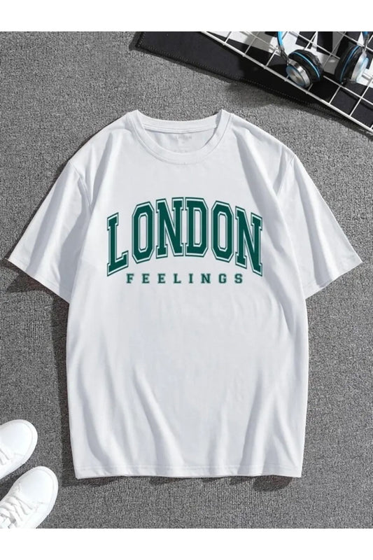 London Baskılı Beyaz Oversize T-shirt