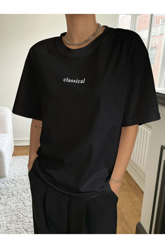 classical baskılı siyah oversize tişort