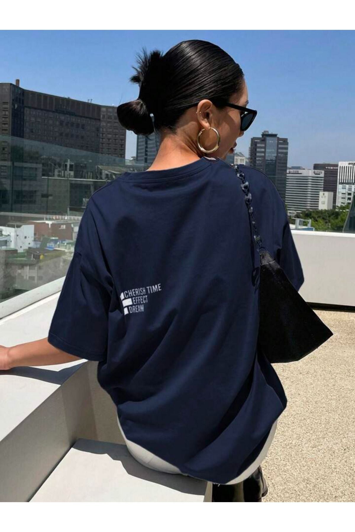 effect baskılı oversize lacivert tişort