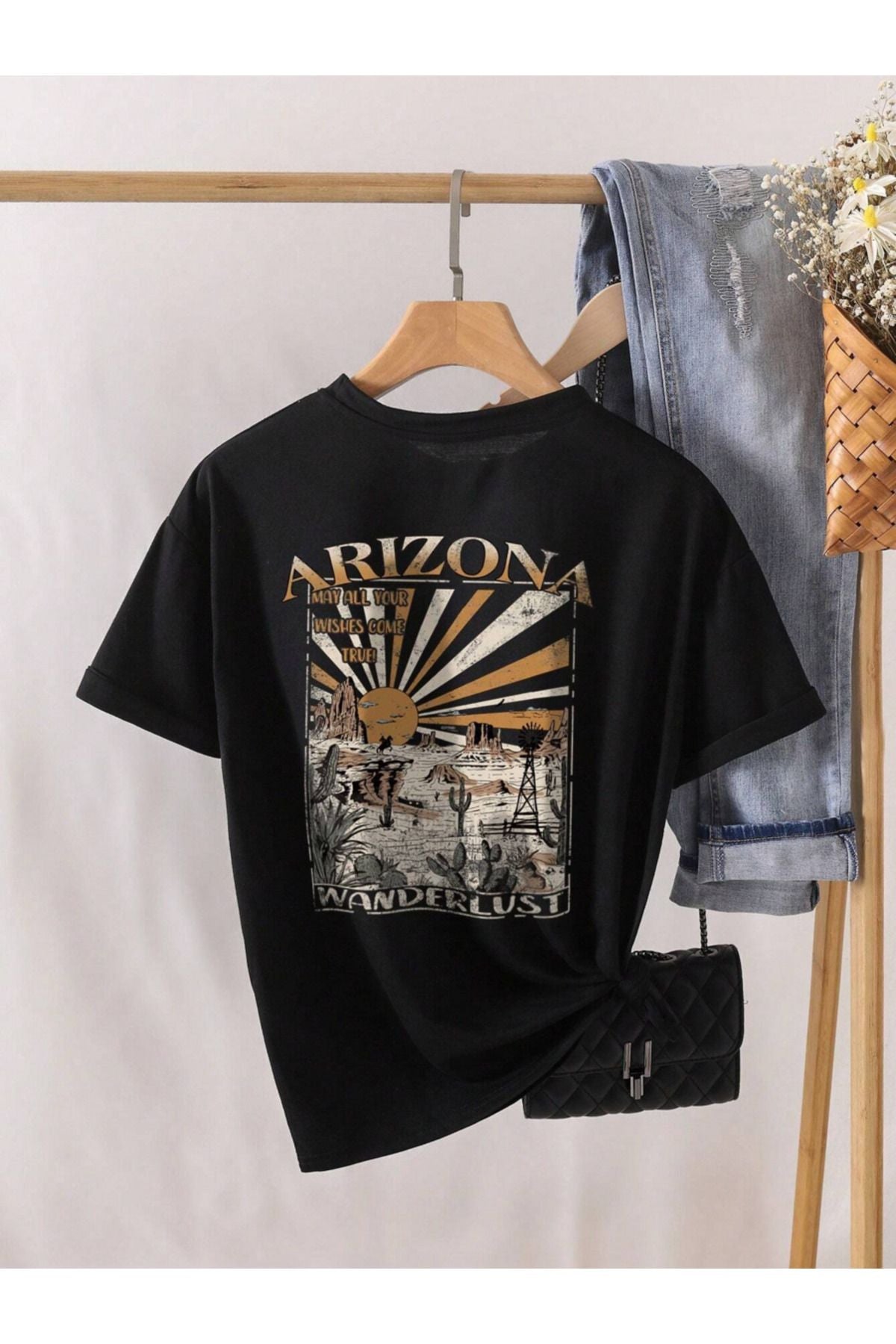 arizona Baskılı siyah oversize unisex Tişort