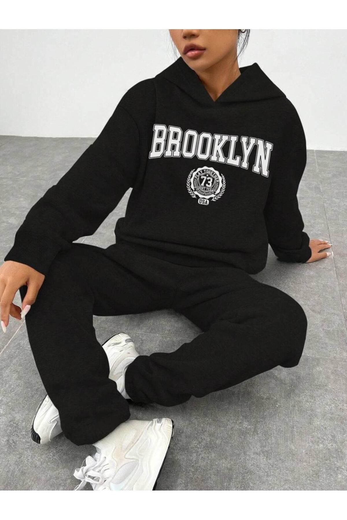 siyah  brooklyn baskılı  kapşonlu&eşofmanaltı kadın alt ust takım