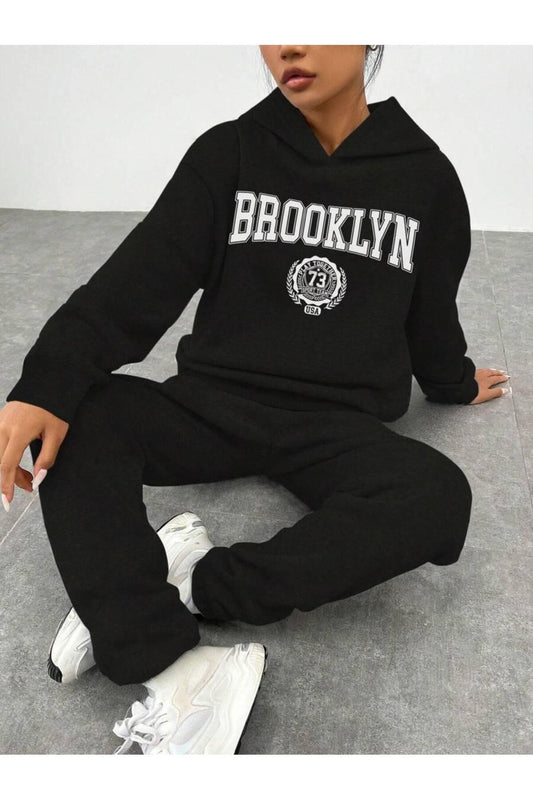 siyah  brooklyn baskılı  kapşonlu&eşofmanaltı kadın alt ust takım