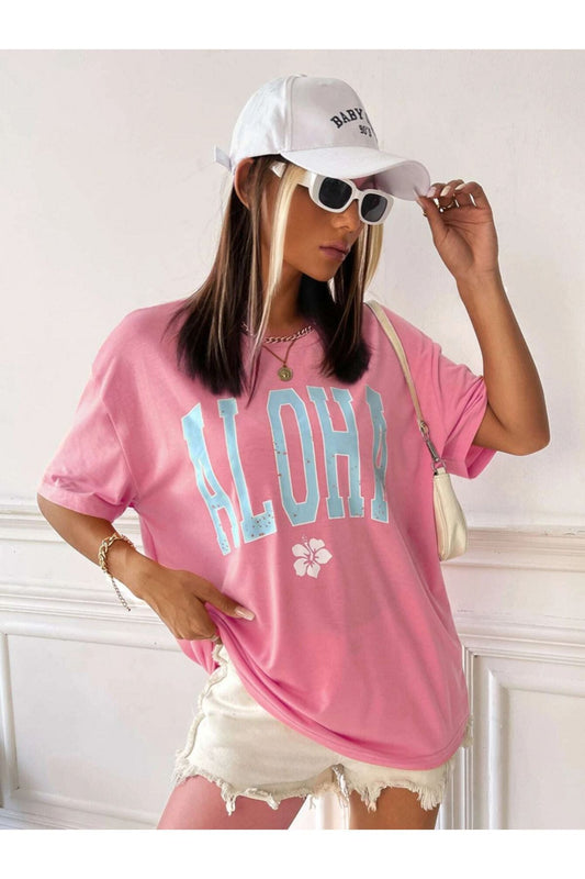 aloha baskılı pembe oversize tişort