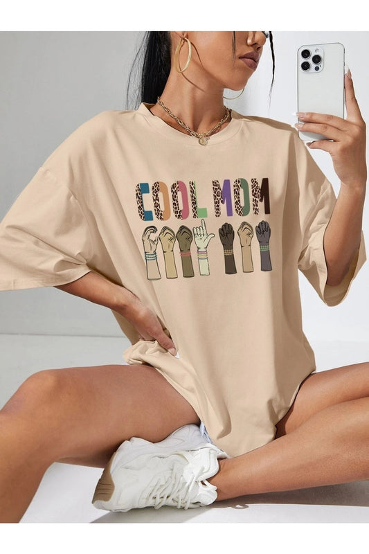 Cool Mom Baskılı Bej Oversize T-shirt
