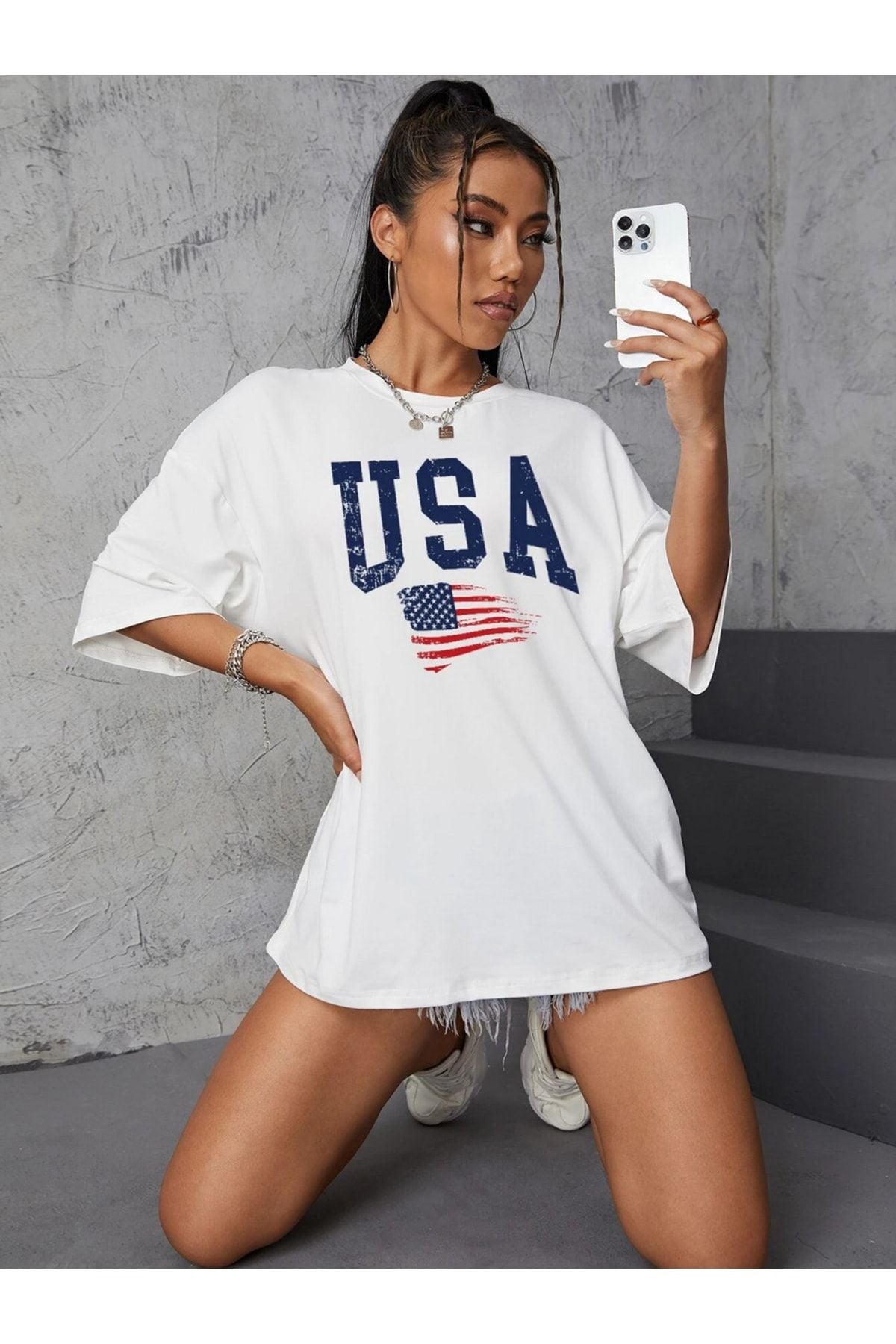 Usa Baskılı Beyaz Tişort