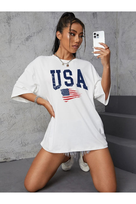 Usa Baskılı Beyaz Tişort