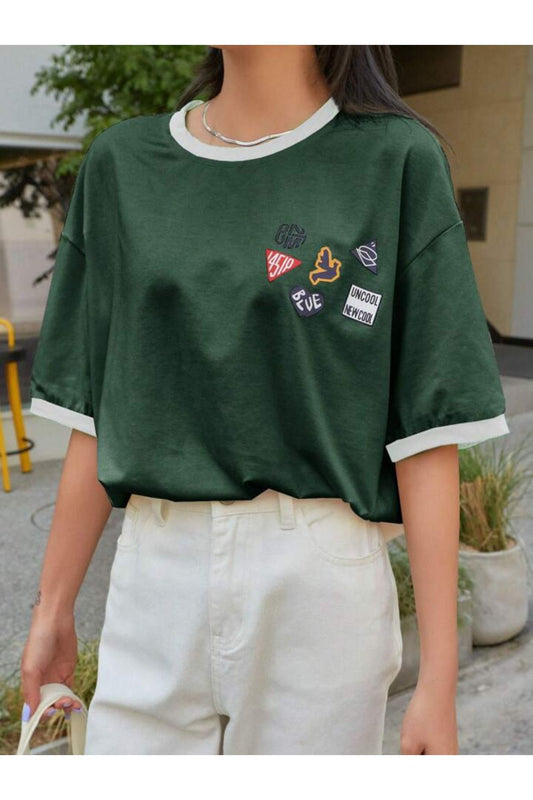 Beyaz Rebana Detaylı sticker Baskılı zumrut yeşil Oversize Tişort