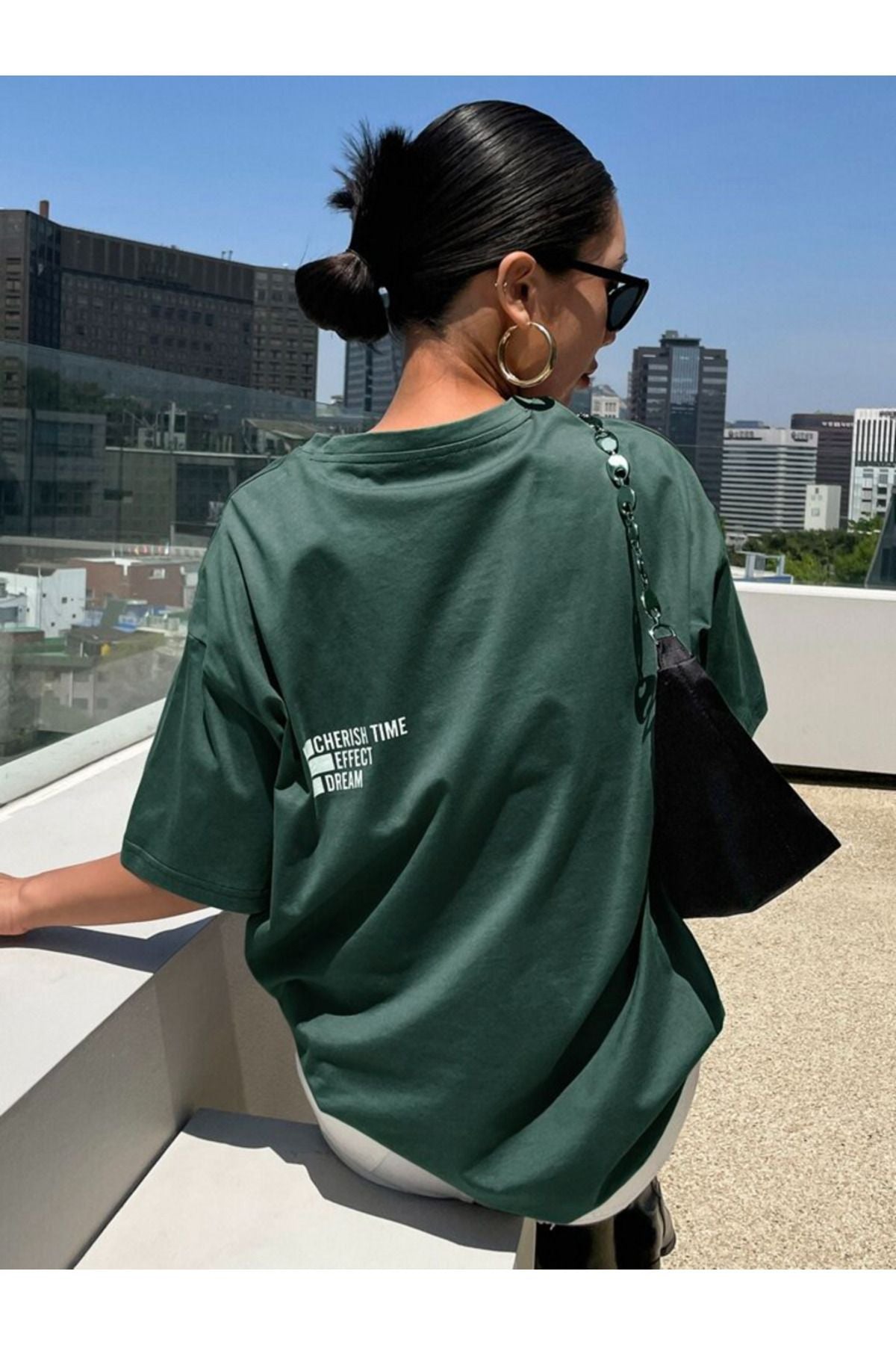 zumrut yeşili effect baskılı oversize tişort