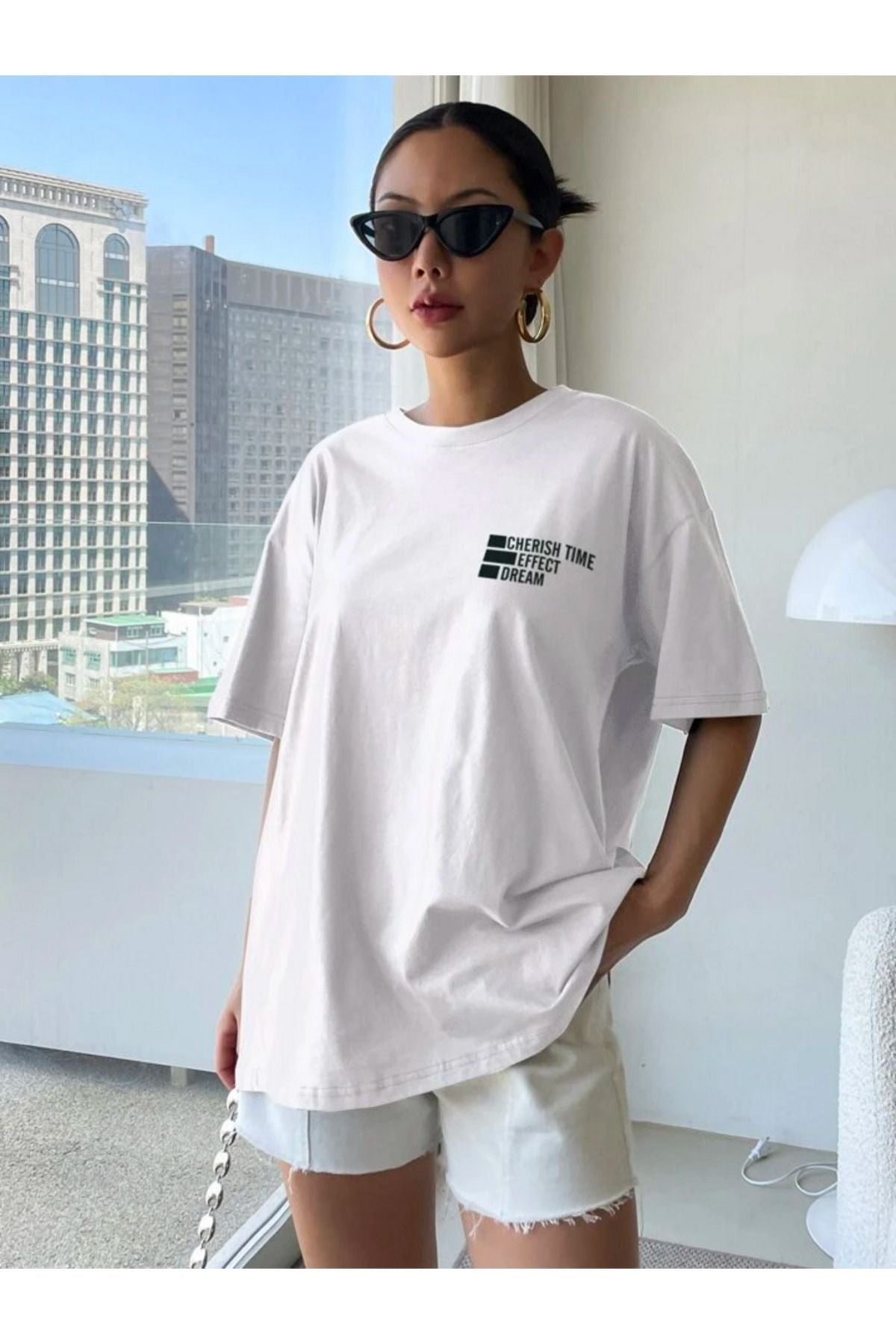 effect baskılı beyaz oversize tişort