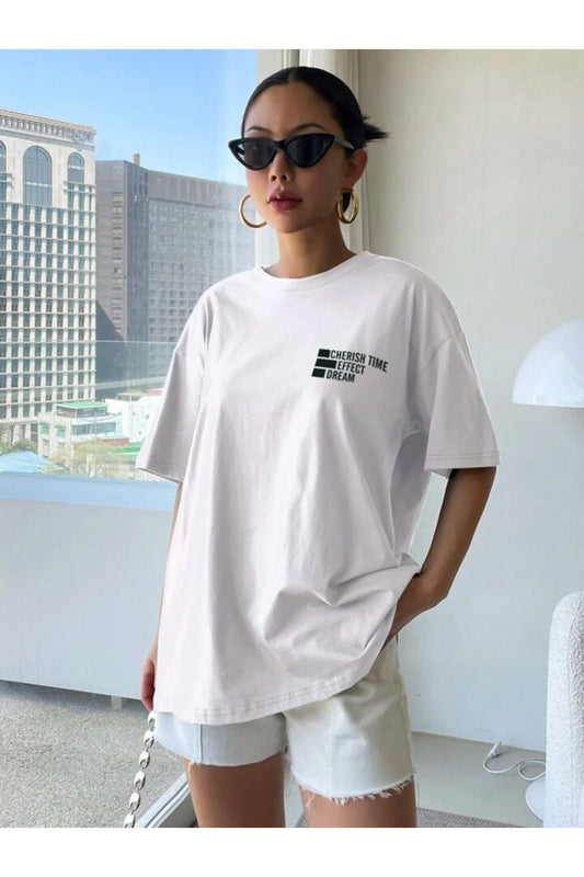 effect baskılı beyaz oversize tişort