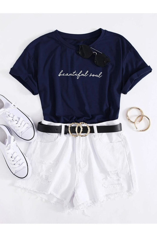 lacivert beautiful baskılı Oversize T-shirt