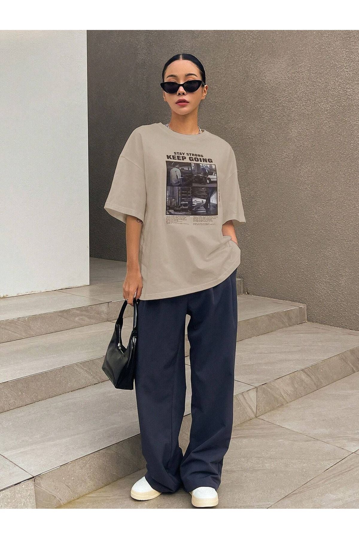 bej keep going baskılı unisex Oversize T-shirt