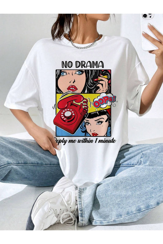 NO DRAMA baskılı beyaz tshirt