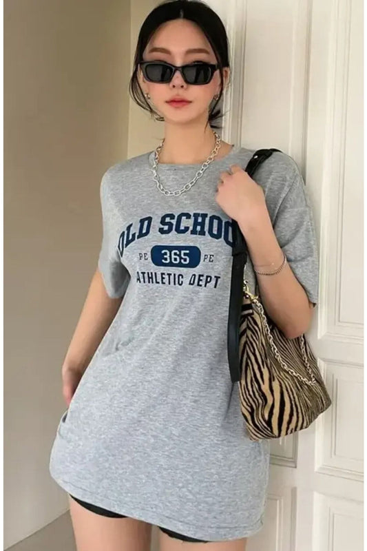Old School Baskılı Gri Tişort