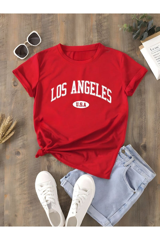 kırmızı los angeles baskılı unisex Oversize T-shirt