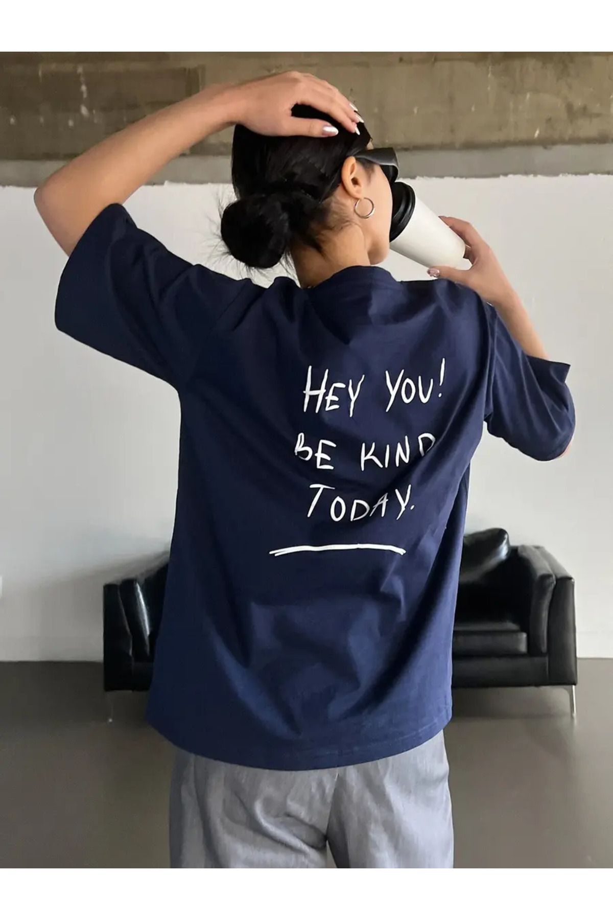 sırt hey you baskılı lacivert Oversize T-shirt