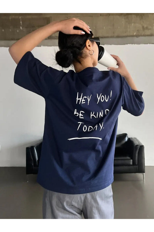 sırt hey you baskılı lacivert Oversize T-shirt